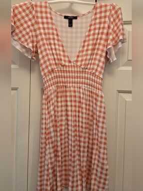 Forever 21 Orange and White Gingham V-Neck Midi Dress